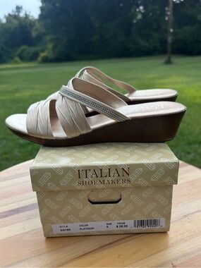 Ladies Italian Shoemakers Platinum Wedge Slide Sandals